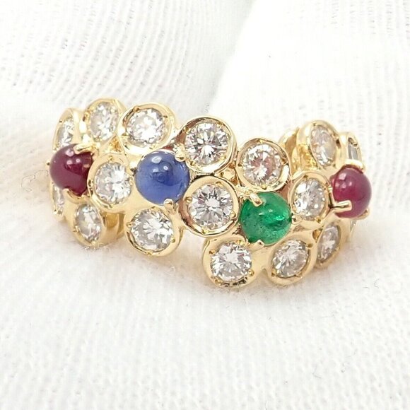 Rare! Authentic Christian Dior 18k Yellow Gold Ruby Emerald Diamond Flower Ring - Picture 7 of 12